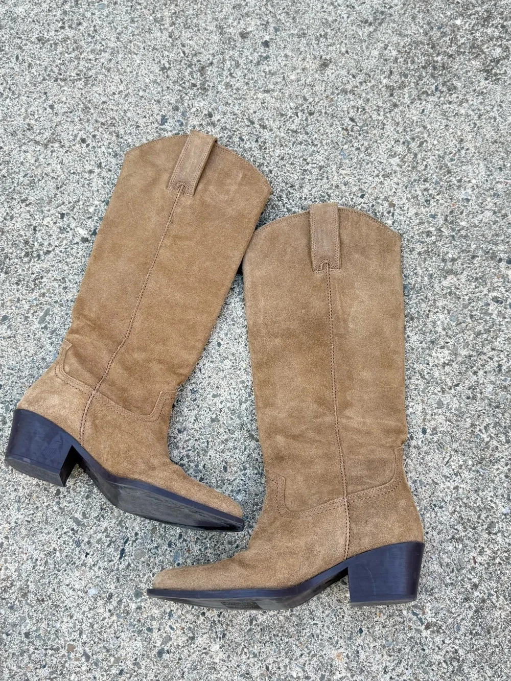 Zara Split Suede Leather Knee-High Cowboy Boots Tan-Brown Pointed Toe Size 6